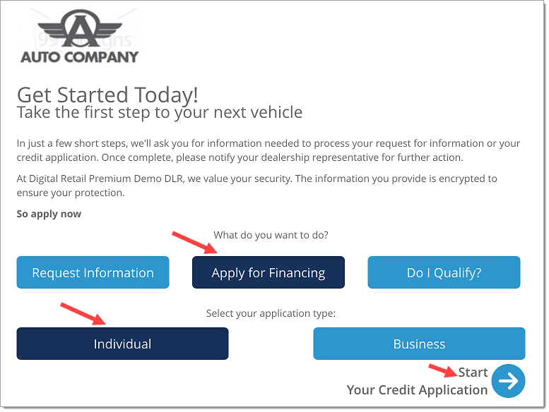 The intro page with arrows pointing to the ‘Apply for Financing’ and ‘Individual’ options, and an arrow pointing to the ‘Start Your Credit Application’ button.