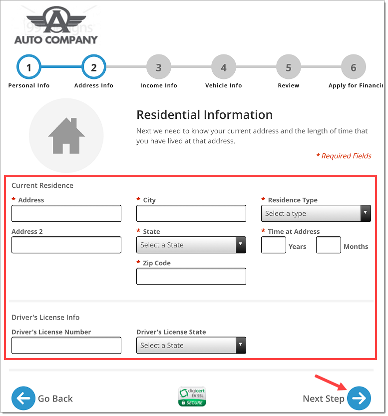 The Residential Information page with a box highlighting the empty fields and an arrow pointing to the ‘Next Step’ button.