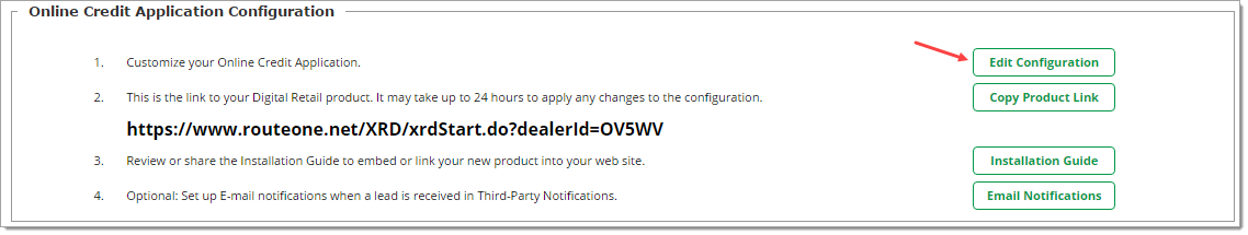 The Online Credit Application Configuration section of the Digital Retail page, with an arrow pointing to the ”Edit Configuration” button. 