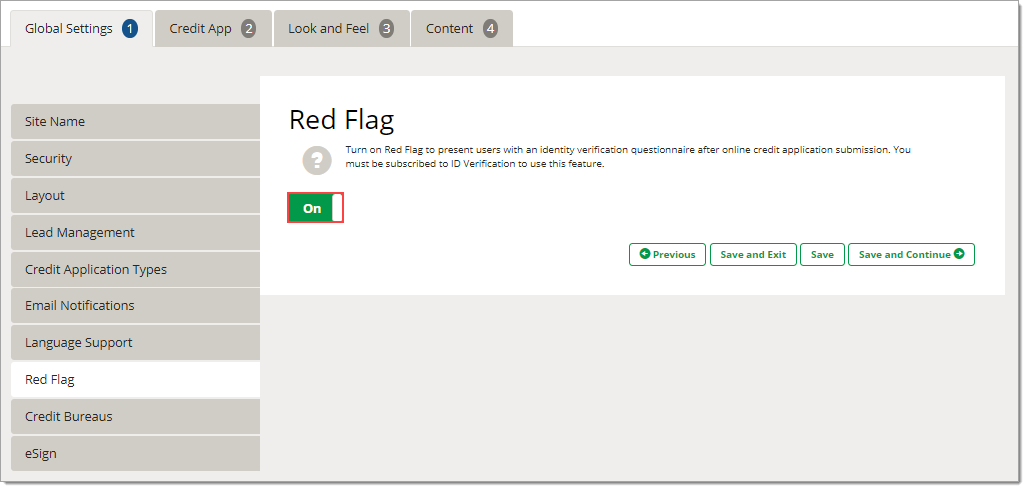 The Red Flag page with the toggle set to “On” and highlighted by a box.