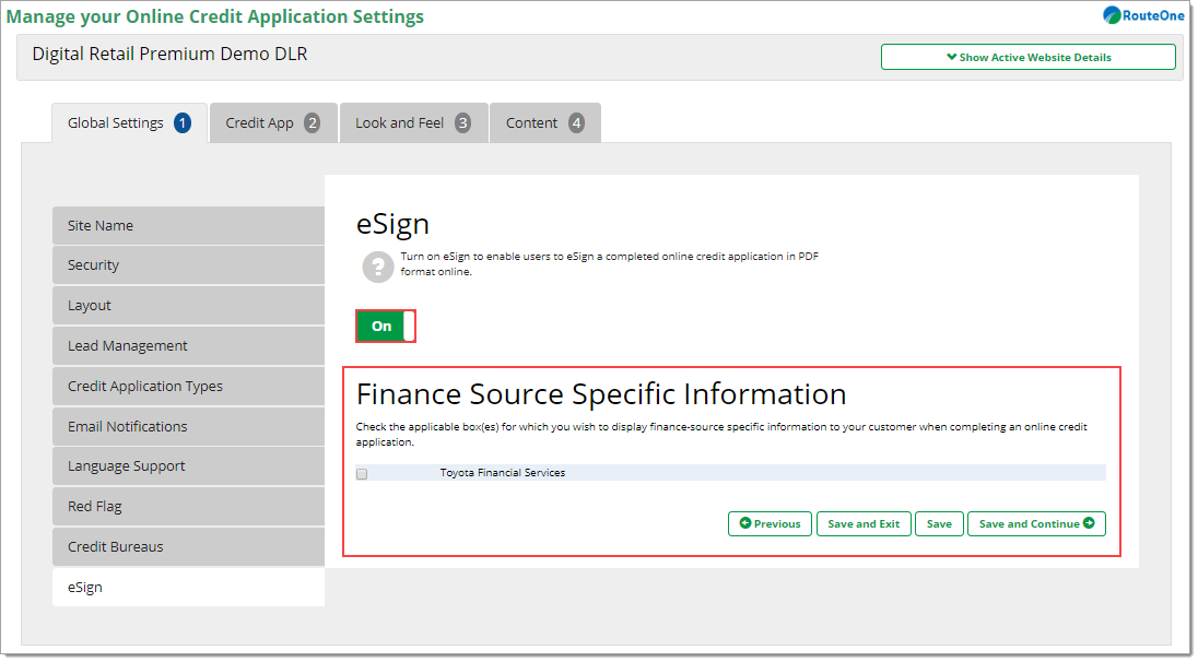 The eSign page with a box highlighting the Finance Source Specific Information section.