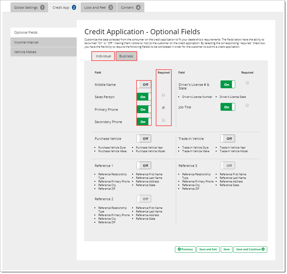 The Optional Fields page of the Credit App tab, with boxes highlighting the ”Individual” and ”Business” tabs, as well as the toggles and ”Required” checkmarks for ”Middle Name”, ”Sales Person”, ”Primary Phone” and ”Secondary Phone”.