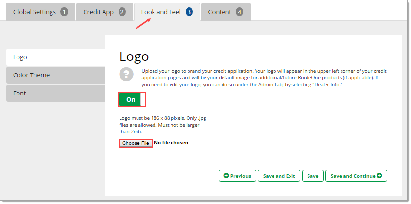 The Logo page of the Look and Feel tab.  The toggle is set to “On” and highlighted by a box.  There is an arrow pointing to the “Look and Feel” tab.  The “Choose File” button is highlighted by a box. 