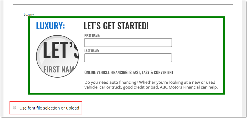 The Font page after scrolling down, with a box highlighting the “Use font file selection or upload” option.