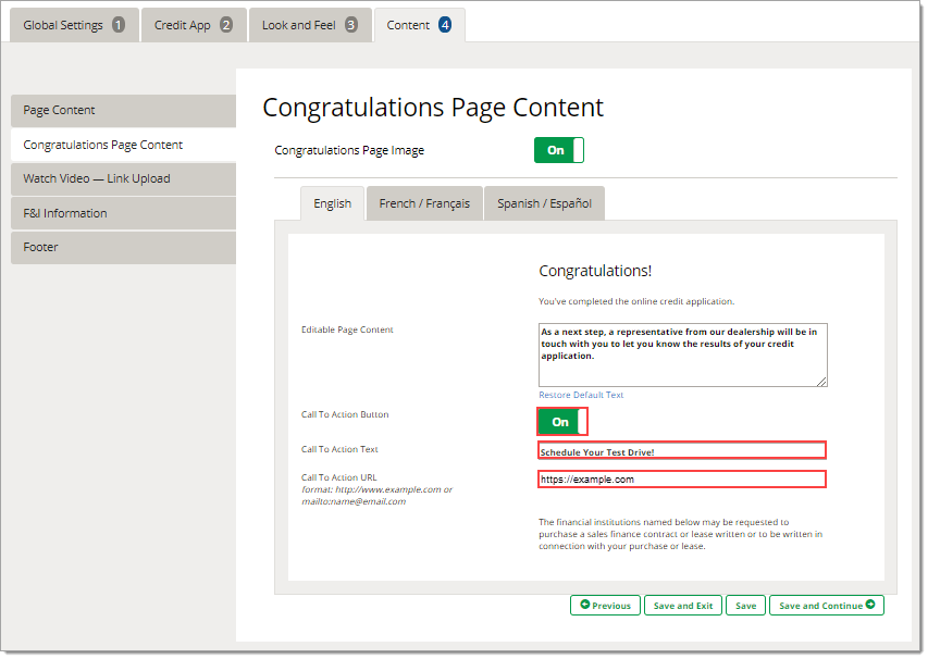 The Congratulations Page Content page of the Content tab, with boxes highlighting the ”Call To Action Button” toggle, ”Call To Action Text” and ”Call To Action URL” fields.  The Call To Action Button toggle is set to ”On”, ”Schedule Your Test Drive!” is input in the Call To Action Text field, and ”https://example.com” is input in the Call To Action URL field.