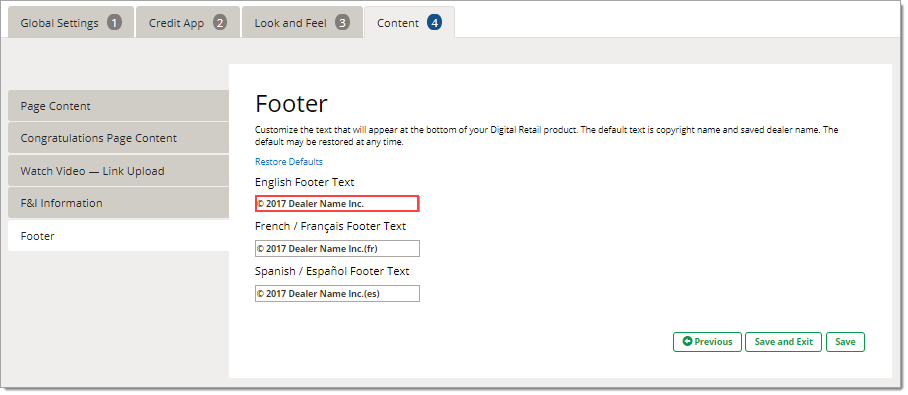 The Footer page of the Content tab, with example copyright information input in the Footer Text fields for each language, and the English Footer Text field highlighted by a box. 