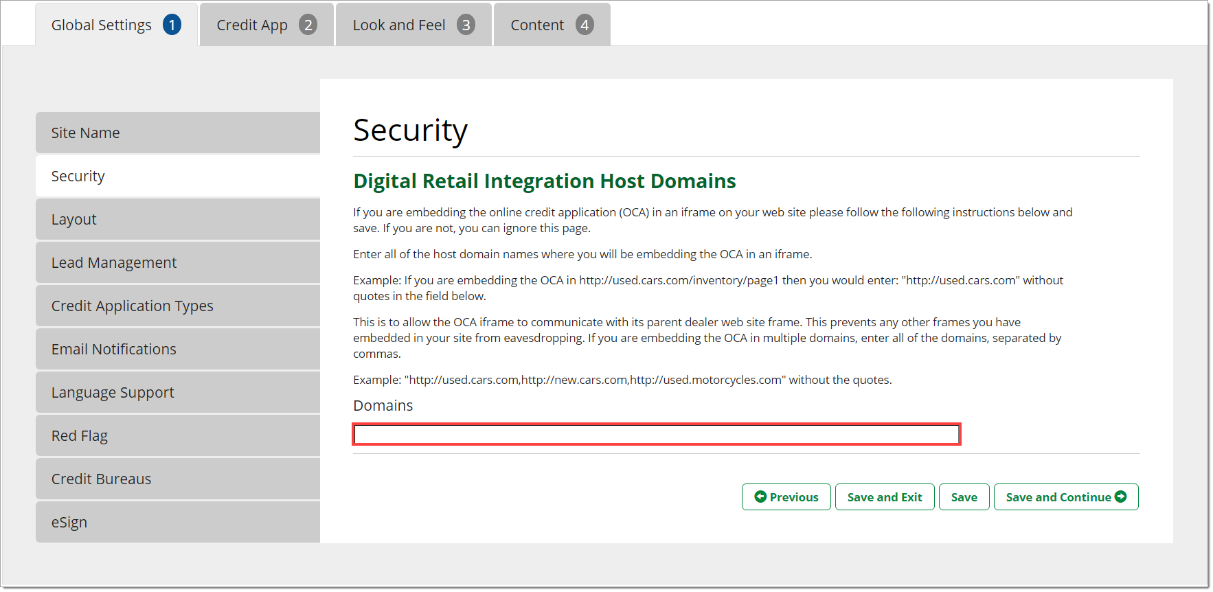 The Security page with the ”Domains” field highlighted by a box.