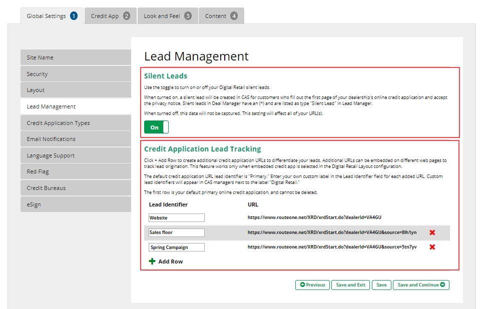 The Lead Management page with the Silent Leads toggle set to ”On”. 