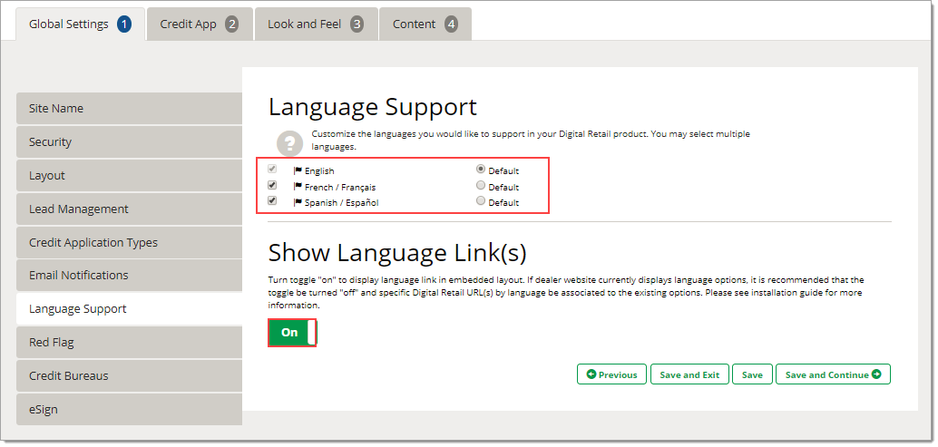 The Language Support page with a box highlighting the language options and the “Show Language Links” toggle set to “On” and highlighted by a box. 