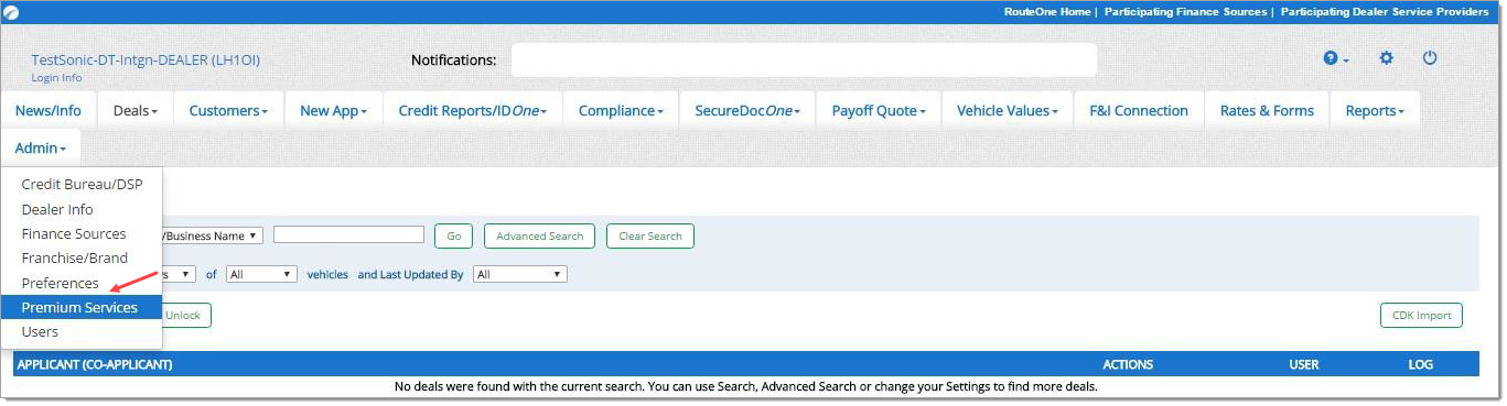 The RouteOne system with the ‘Admin’ tab drop-down menu expanded and an arrow pointing to the ‘Premium Services’ option.