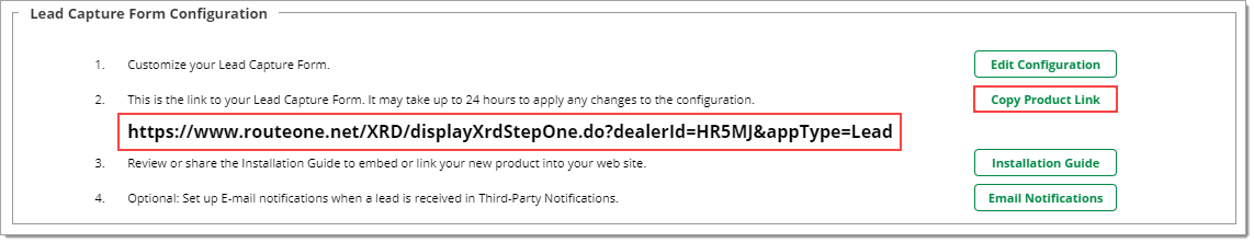 The Lead Capture Form Configuration section of the ‘Digital Retail’ page, with a box highlighting the link to the lead capture form and a box highlighting the ‘Copy Product Link’ button.