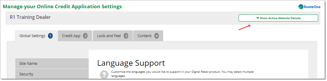 The Manage your Online Credit Application Settings page with an arrow pointing to the ‘Show Active Website Details’ button.