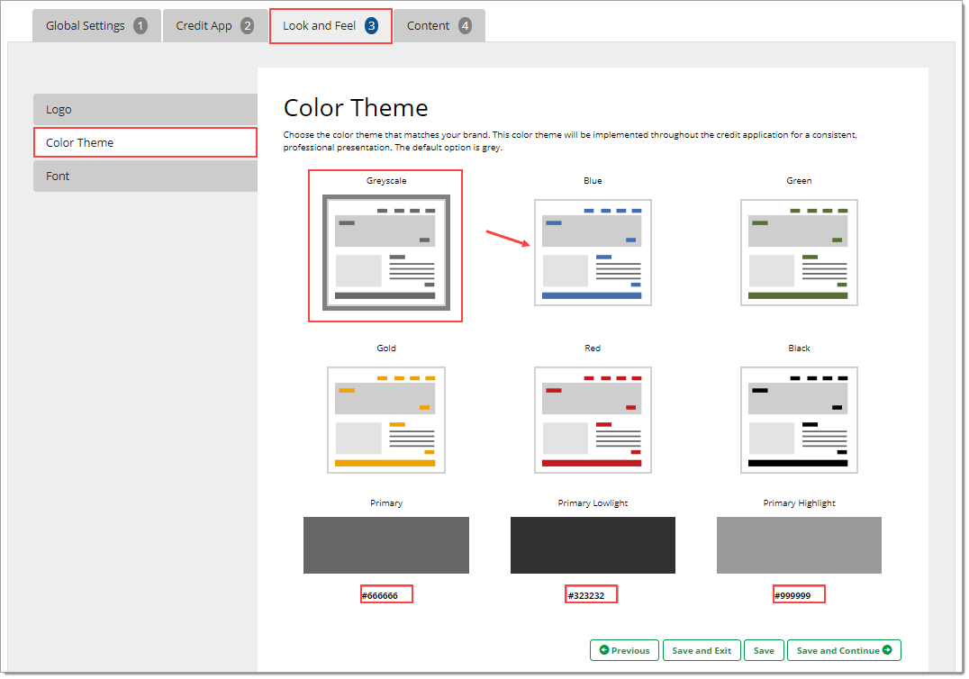 The Color Theme page of the Look and Feel tab, with a box highlighting the ‘Greyscale’ option, an arrow pointing to the ‘Blue’ option, and boxes highlighting the HEX color codes of the selected theme.