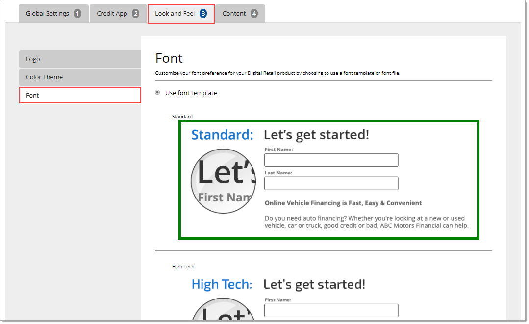 The Font page of the Look and Feel tab with the standard font template selected.