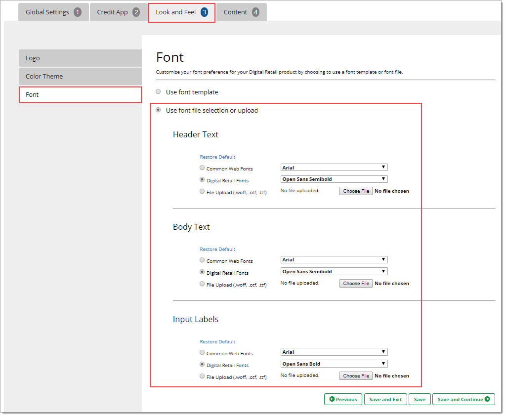 The Font page of the Look and Feel tab with a box highlighting the ‘Use font file selection or upload’ selection content.