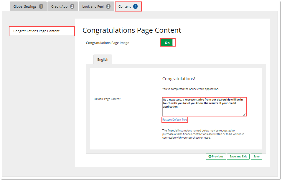 The Congratulations Page Content page of the Content tab, with boxes highlighting the ‘Congratulations Page Image’ toggle set to ‘On,’ the ‘Editable Page Content’ field, and the ‘Restore Default Text’ link.