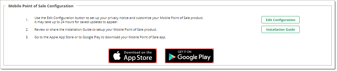 The Mobile Point of Sale Configuration section with boxes highlighting the app download links. 