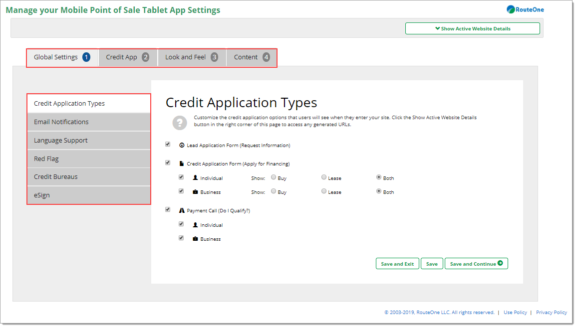 The Manage your Point of Sale Tablet App Settings page with boxes highlighting the top row of tabs and the left-hand menu options.