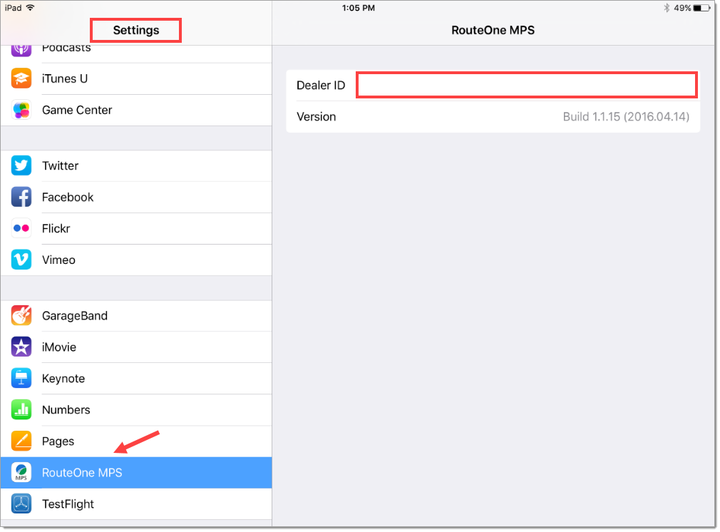 The RouteOne MPS section of the Settings app of an iPad, with a box highlighting the ‘Settings’ title, an arrow pointing to the ‘RouteOne MPS’ menu option, and a box highlighting the ‘Dealer ID’ field.