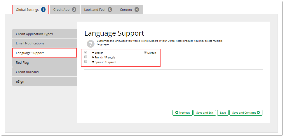 The Language Support page of the Global Settings tab with a box highlighting the language options. 