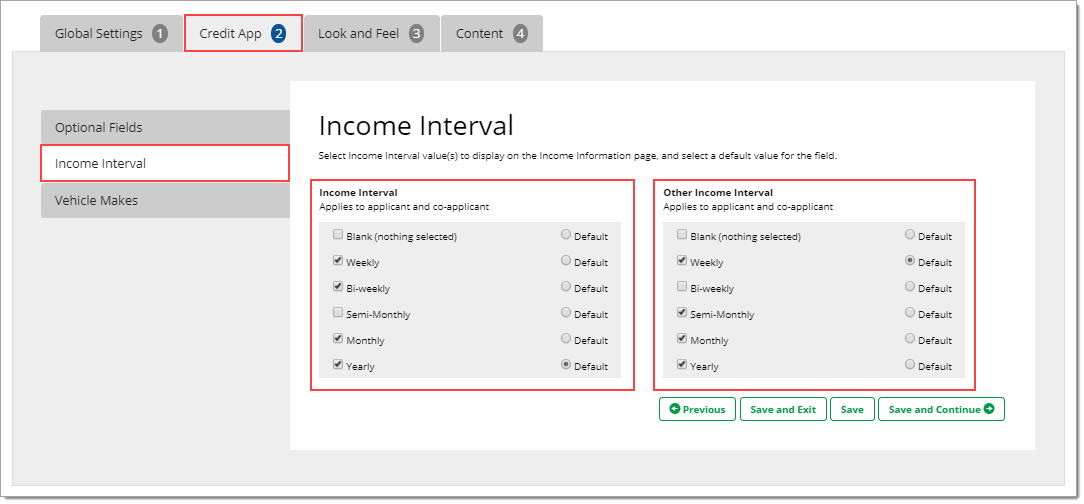 The Income Interval page of the Credit App page with boxes highlighting both the ‘Income Interval’ and ‘Other Income Interval’ columns.