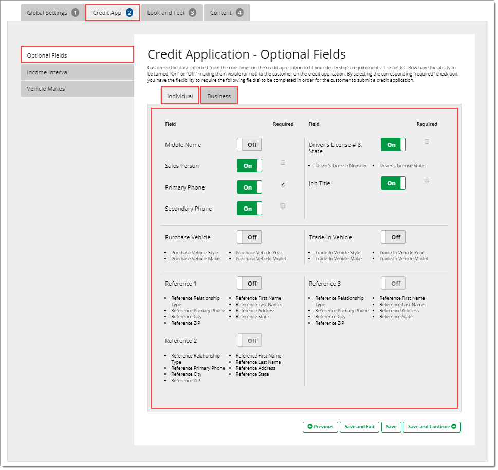 The Optional Fields page of the Credit App tab, with boxes highlighting the ‘Individual’ and ‘Business’ tabs, and a box highlighting the ‘Individual’ tab’s contents.