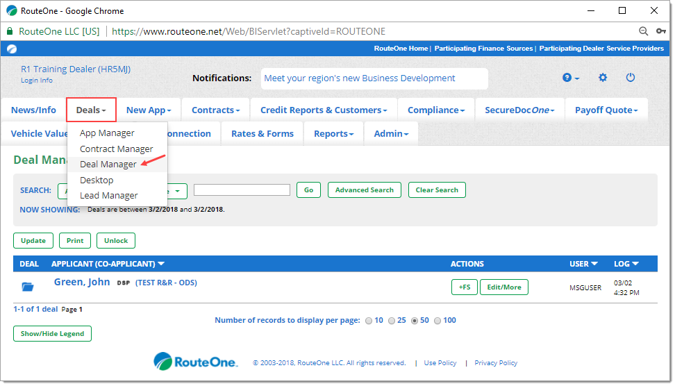 The top menu of the RouteOne system with the ‘Deals’ tab highlighted by a box and expanded, and an arrow pointing to the ‘Deal Manager’ option.