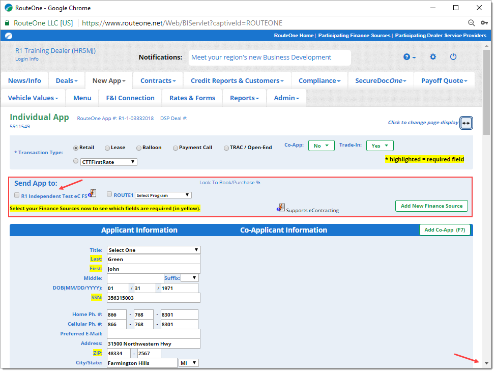 The Individual App page, with a box highlighting the ‘Send App to’ section, an arrow pointing to the first finance source and an arrow pointing to the scroll down button of the browser.