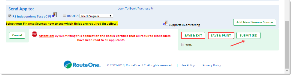 The bottom of the Individual App page with boxes highlighting the ‘Save and Exit’ and ‘Save and Print’ buttons, and an arrow pointing to the ‘Submit (F2)’ button.