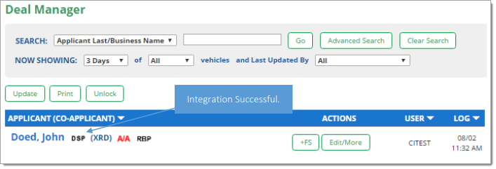 DealerTrack Integration Screen Shot