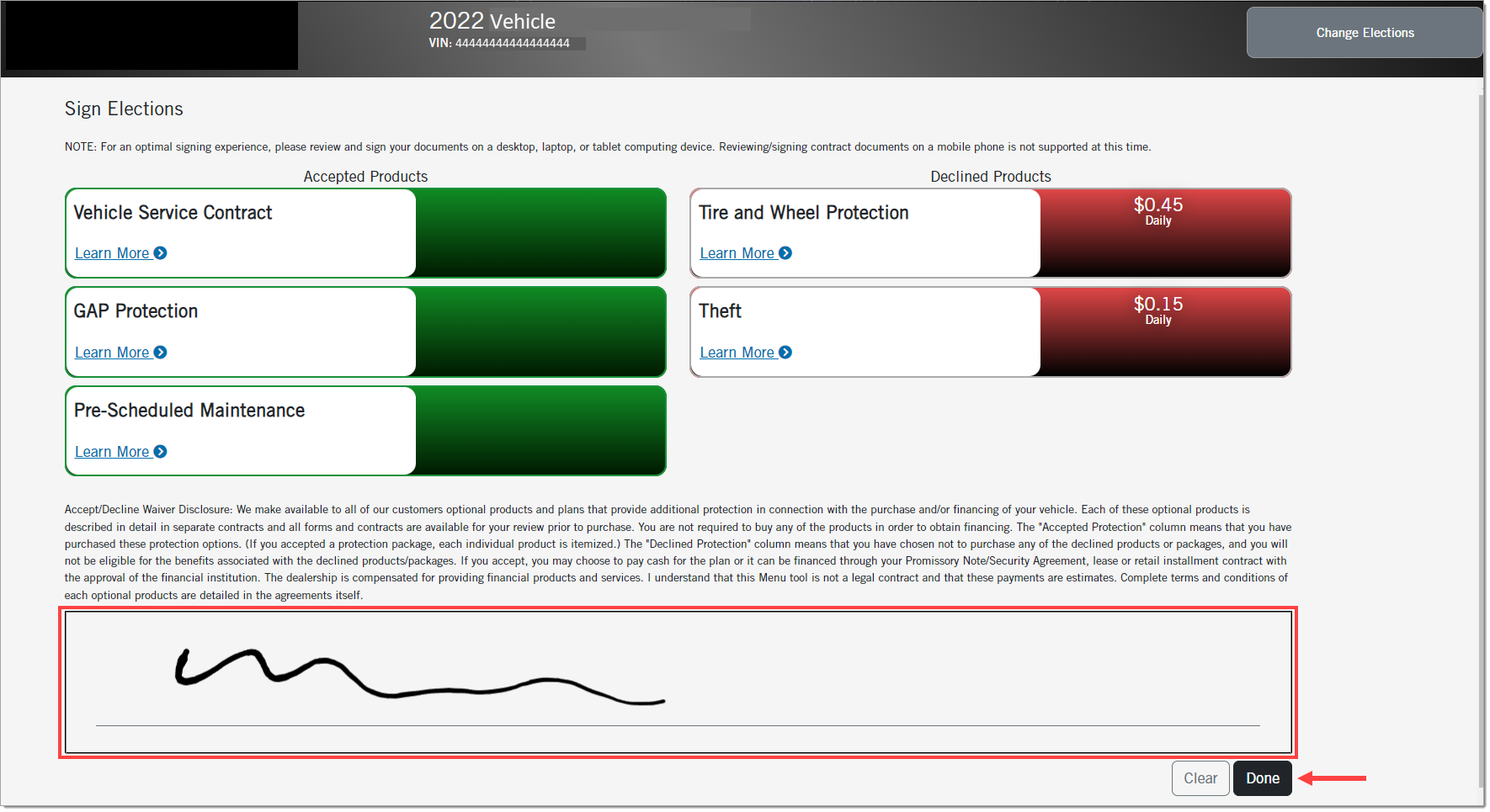 The Accept/Decline page with the ‘Accept/Decline Waiver Disclosure’ and signature box visible. The signature box is highlighted by a box, and there is an arrow pointing to the ‘Done’ button.