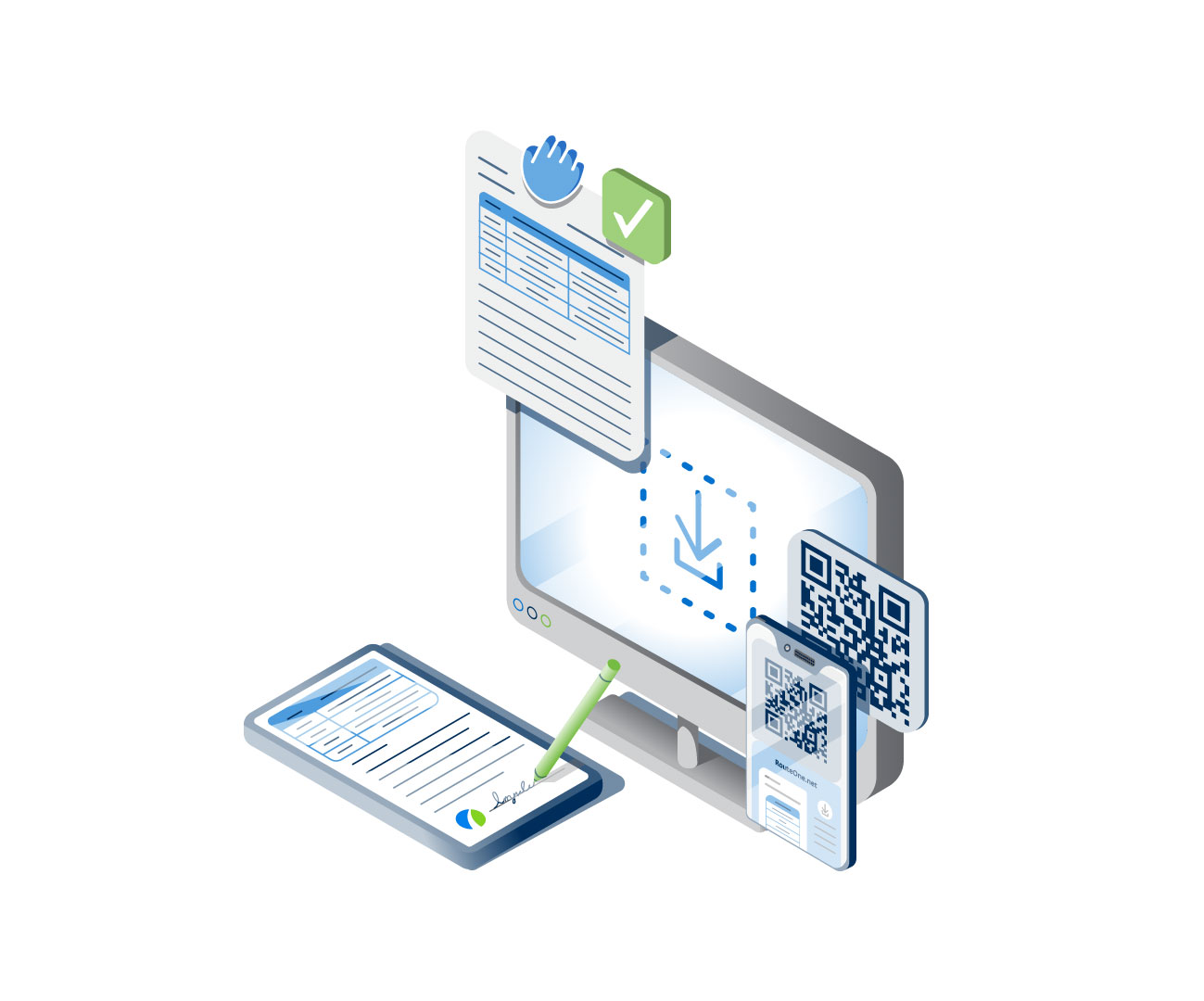 Upload and eSign Documents Illustrations of phone tablet and computer screen