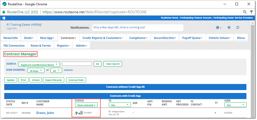 The Contract Manager page with the ‘Status’ column highlighted, where the status is marked as ‘Funded.’