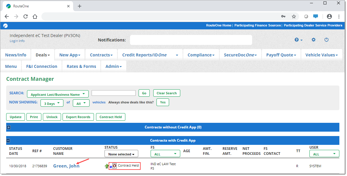 The Contract Manager page with an arrow pointing towards the ‘Customer Name’, ‘Green, John’ and a box highlighting the ‘Status’, ‘Contract Held.’