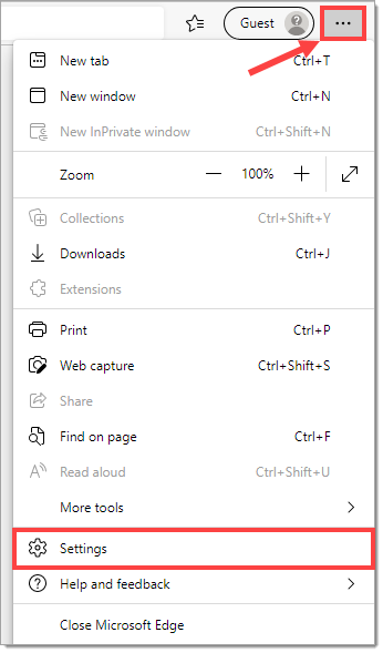 The upper right corner of the Microsoft Edge browser.  There is a box highlighting the icon of three horizontal dots, as well as an arrow pointing towards it.  The menu resulting from clicking that icon is opened, and a box highlights the “Settings” option.