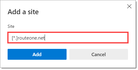 The “Add a site” popup with “[*.]routeone.net” input into the “Site” field, and a box highlighting the field.