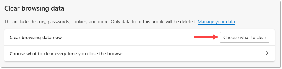 The ‘Clear browsing data’ section of the ‘Cookies and site data’ page, with an arrow pointing to the ”Choose what to clear” button.