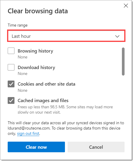 The Clear browsing data popup.  The “Time range” dropdown menu is set to “Last hour” and highlighted by a box.  The checkbox next to “Cookies and other site data” and “Cached images and files” are checked, while the “Browsing history” and “Download history” boxes are unchecked.  