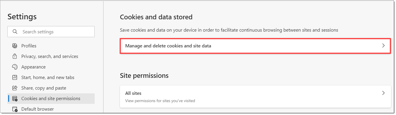 The top section of the Cookies and site permissions page, with a box highlighting the ”Manage and delete cookies and site data” option.