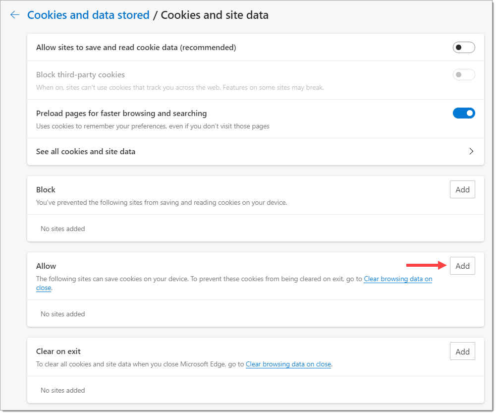The Cookies and site data page.  The ”Allow sites to save and read cookie data (recommended)” toggle is set to ”Off”.  In the ”Allow” section, there is an arrow pointing toward the ”Add” button. 