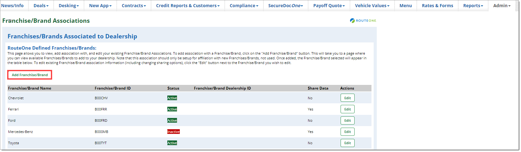 The Franchise/Brand Associations page with a box highlighting the ‘Add Franchise/Brand’ button.