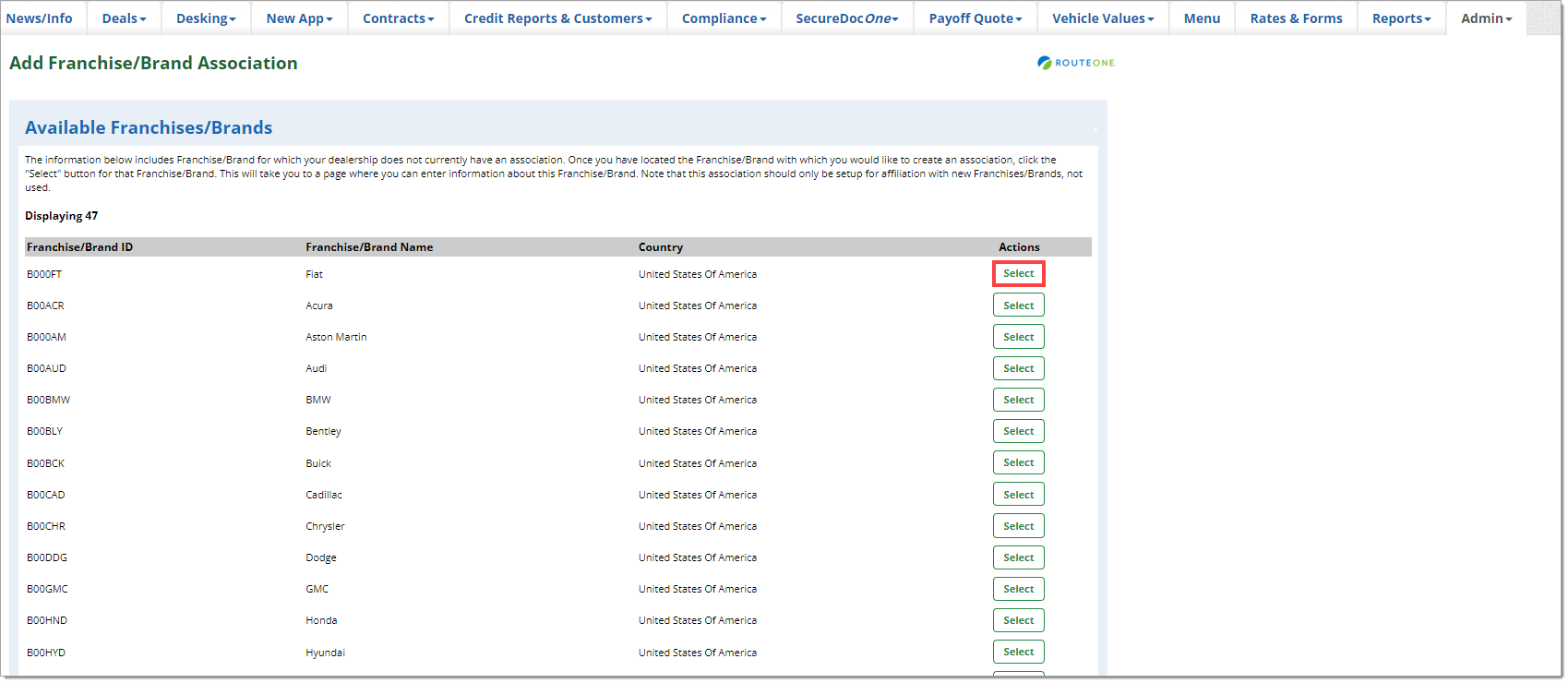 The Add Franchise/Brand Association page with a box highlighting the ‘Select’ button next to a franchise/brand.