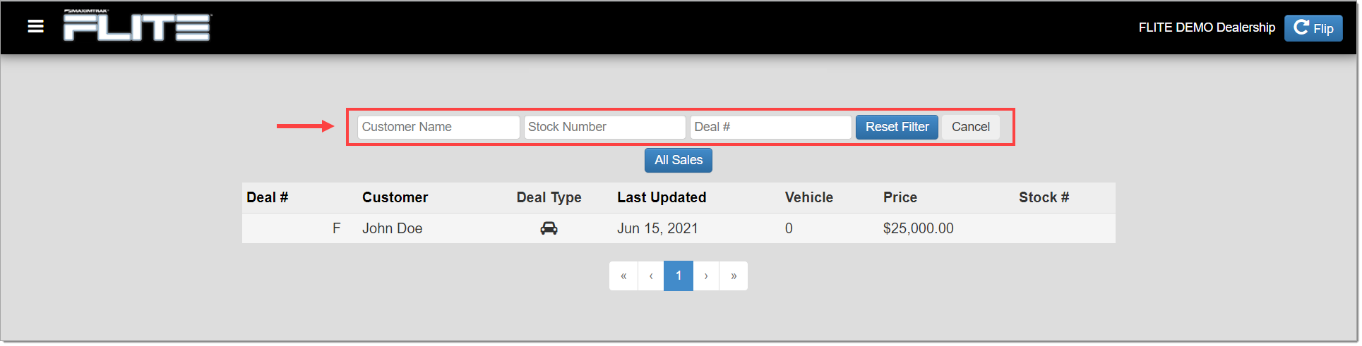 The Find Deal page with a box highlighting and arrow pointing to the search fields.