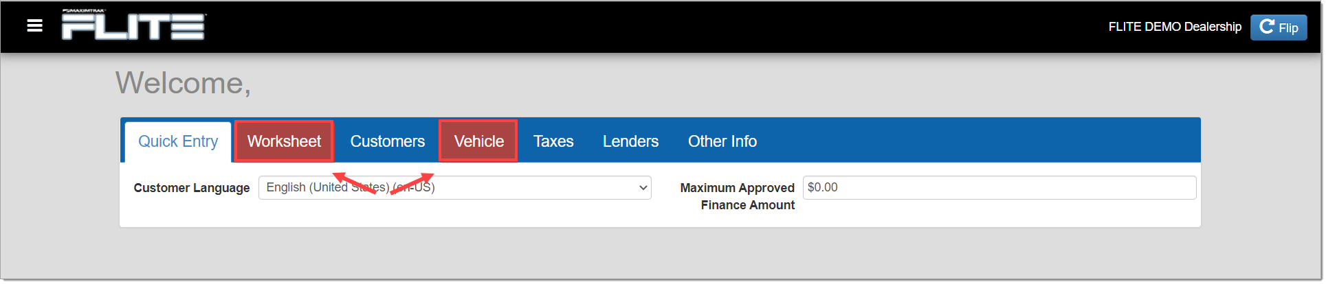 The Blank Deal page with boxes highlighting and arrows pointing to both the ’Worksheet’ and ’Vehicle’ tabs.