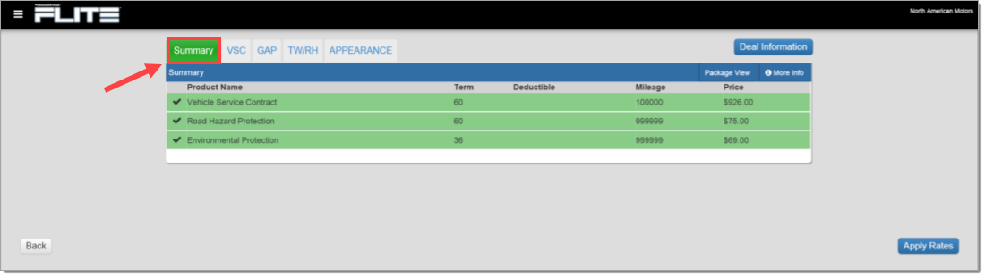 The Summary tab of the Products page with a box highlighting and arrow pointing to the ’Summary’ tab.