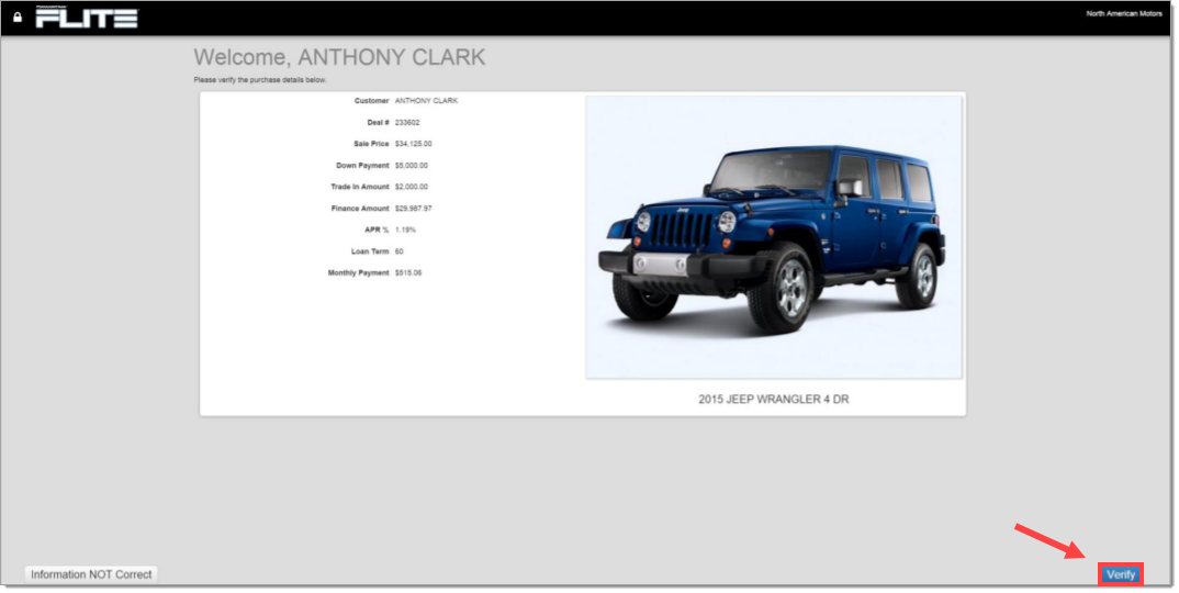 The customer summary in the customer section, with an arrow pointing to and box highlighting the ’Verify’ button in the bottom right. 