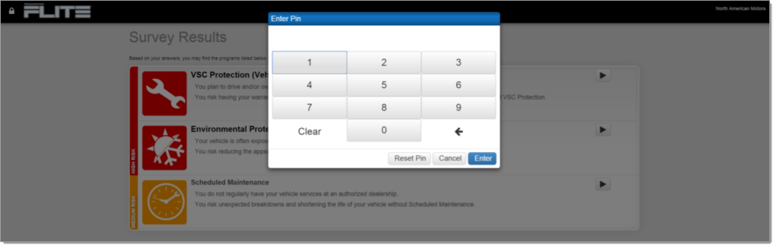 The Survey Results page with the ’Enter Pin’ pop-up window.