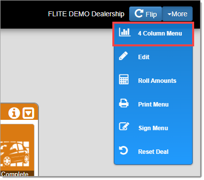A zoomed-in view of the expanded ’More’ menu in the upper right corner.  The ’4 Column Menu’ option is highlighted by a box.