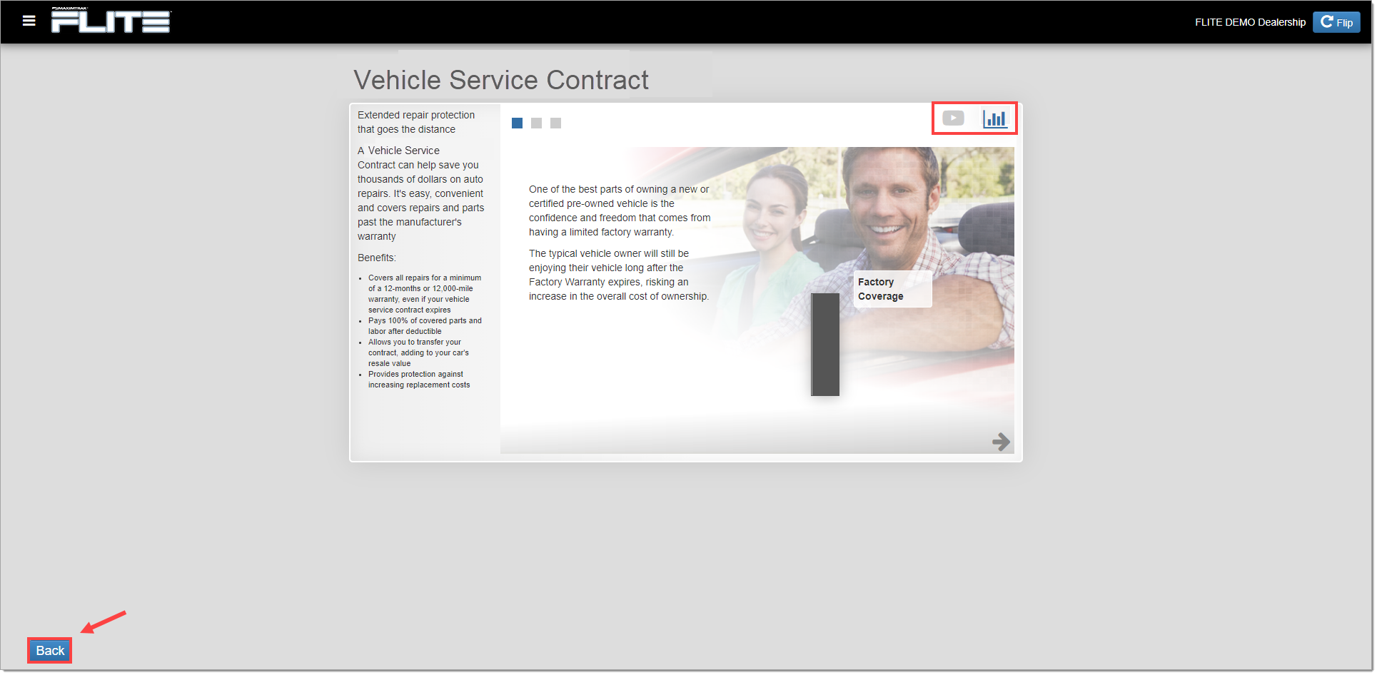 The Vehicle Service Contract page with a box highlighting the Video and Slideshow icons in the upper right corner of the content box and a box and arrow highlighting the ‘Back’ button on the bottom left of the page.