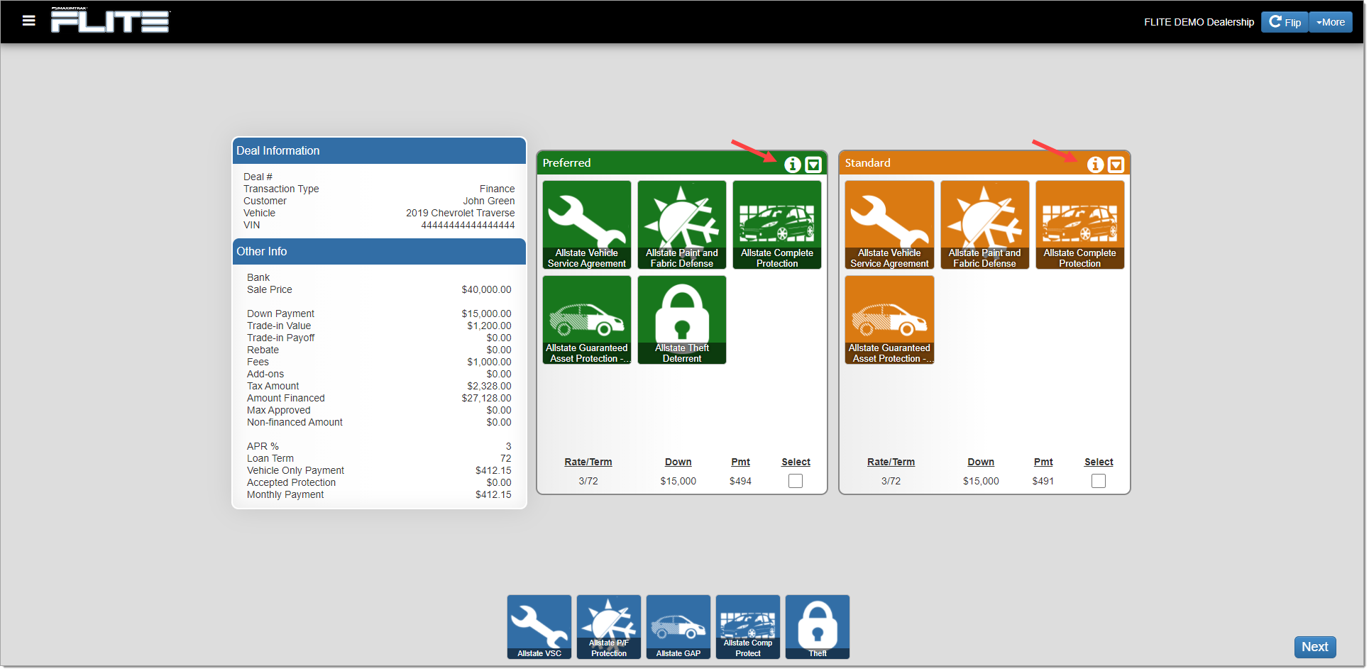 The interactive menu page with arrows pointing to the ‘i’ information icon on each package.